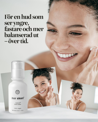 nor sken hudvård med kvinna som smörjer in huden. 